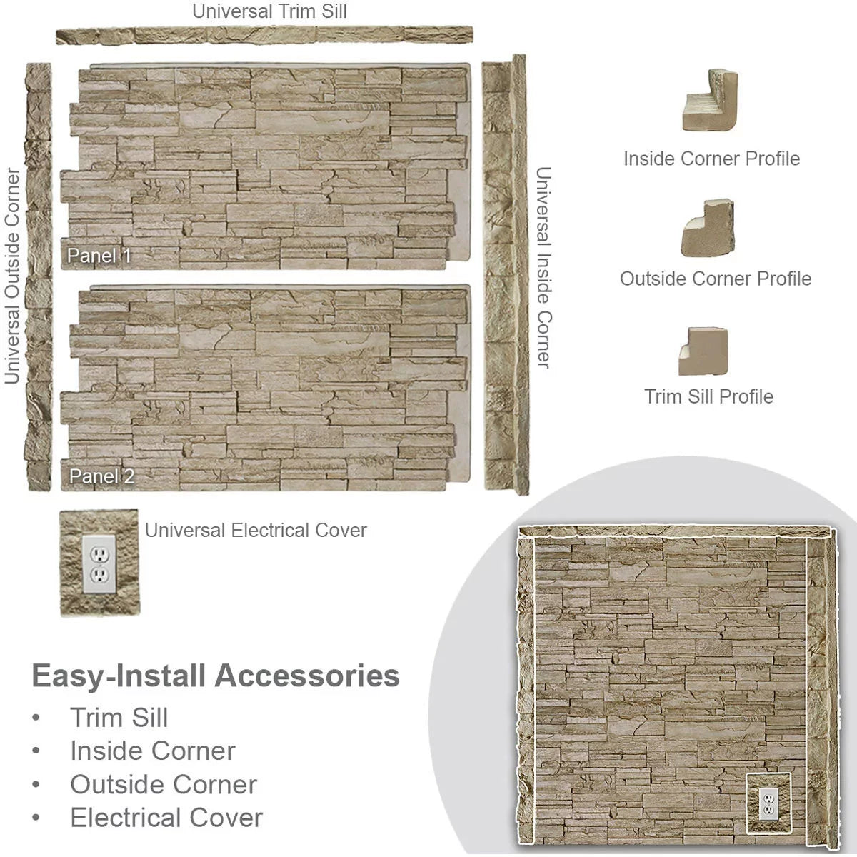 49"W x 24 1/2"H x 1 1/4"D Faux Stone Siding Panel G34709