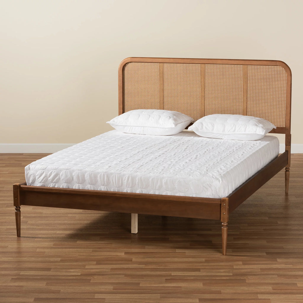 Walnut Brown Wood and Synthetic Rattan Queen Size Platform Bed D877