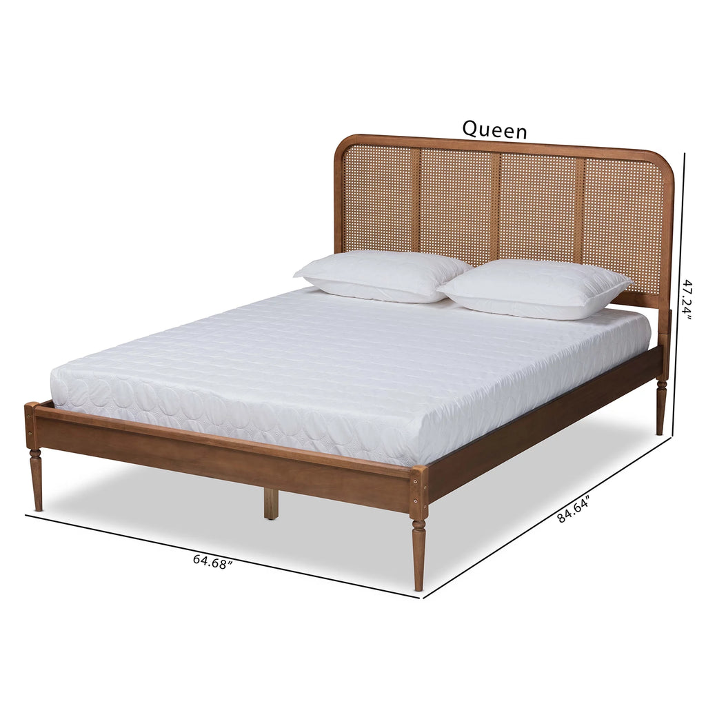 Walnut Brown Wood and Synthetic Rattan Queen Size Platform Bed D877