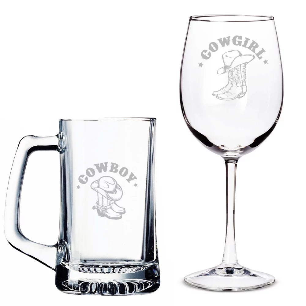 Cowboy Beer Mug and Cowgirl Wine Glass Set X617