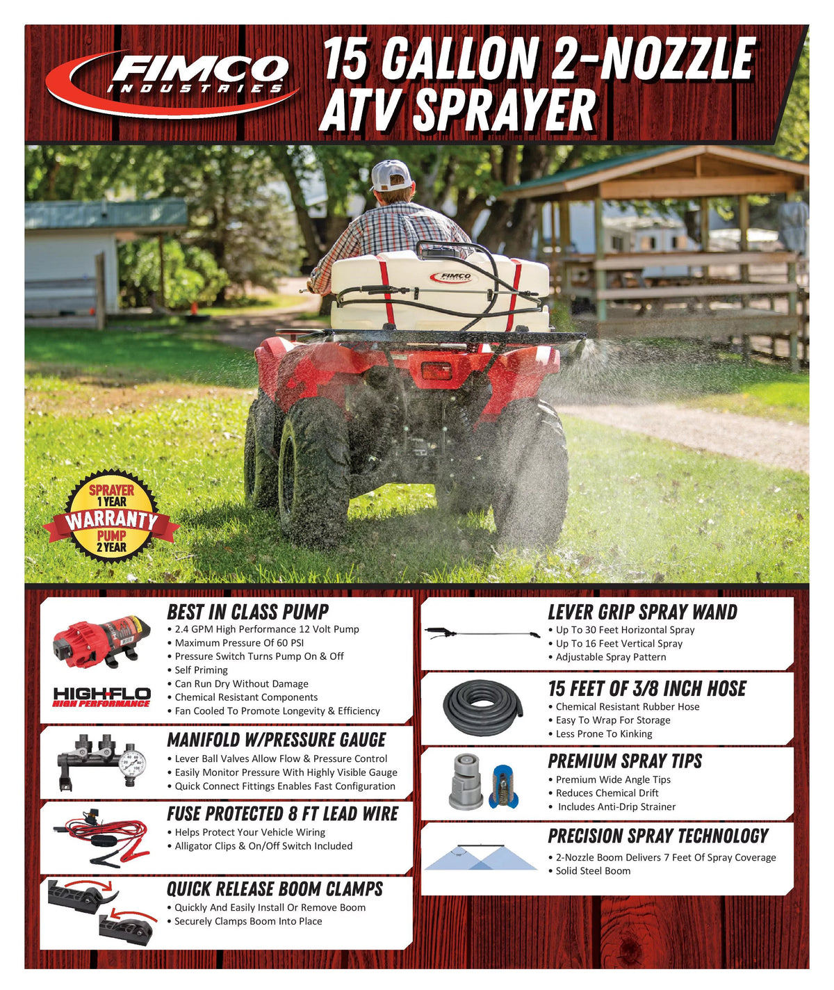 15 Gallon Polymer Tank Lawn & Garden ATV Sprayer X4256