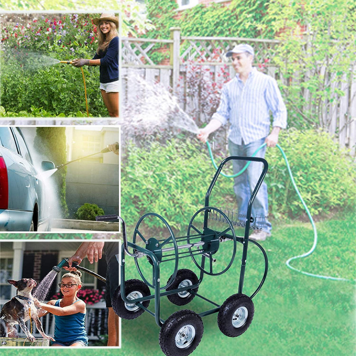 Garden Hose Reel Cart 4 Wheels with Storage Basket N9544
