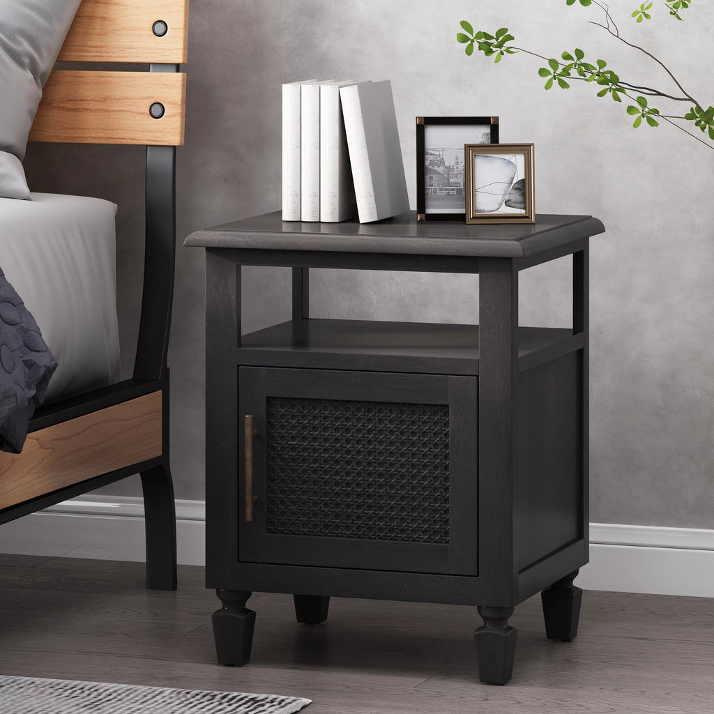 Rustic Acacia Wood and Cane Nightstand I7393
