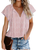 Floral Print V Neck Ruffle Short Sleeve Shirts H9627