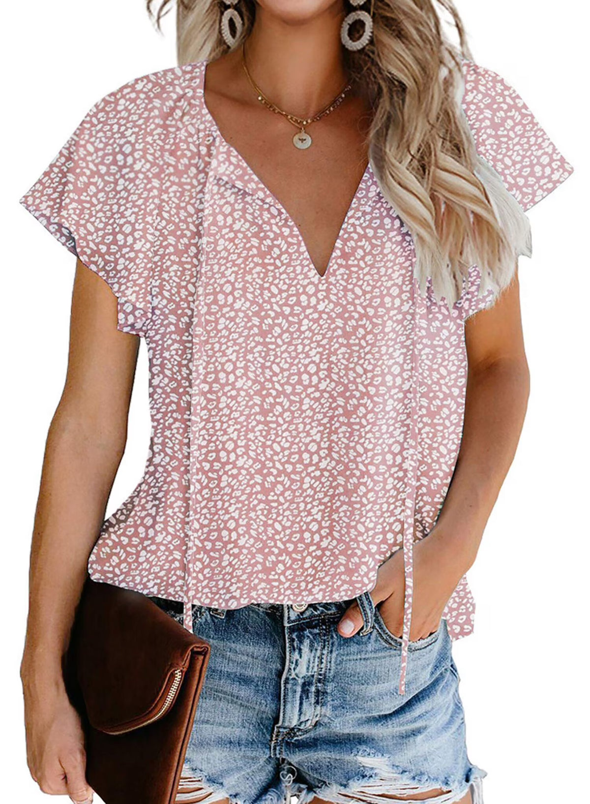 Floral Print V Neck Ruffle Short Sleeve Shirts H9627