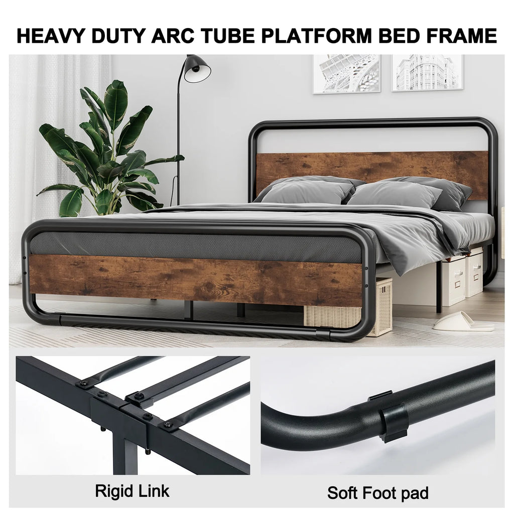 Queen Size Metal Platform Bed Frame with Wooden Headboard D637399