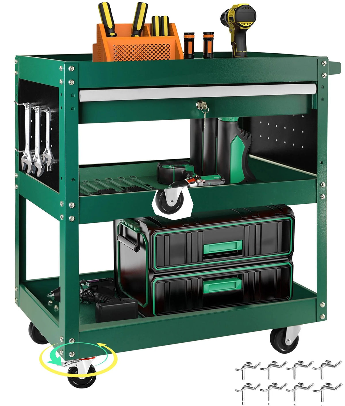 Rolling Tool Cart with Drawer, 3 Tray, 6 Side Hooks B46092
