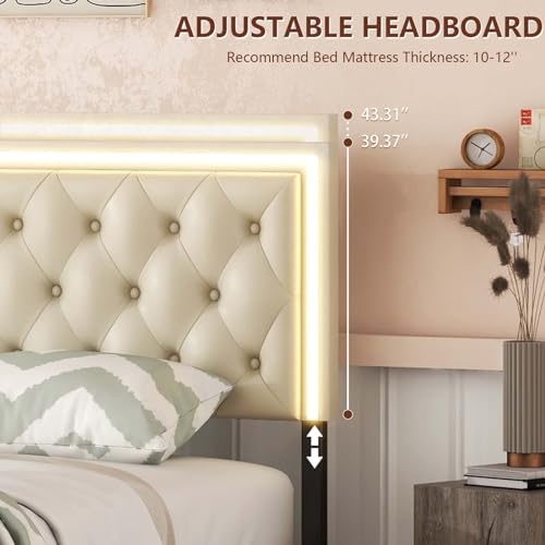 Queen Size Upholstered Bed Frame with 4 Storage Drawers, Button Tufted Adjustable Headboard PU Leather Platform Bed with LED Light (Black) V62837