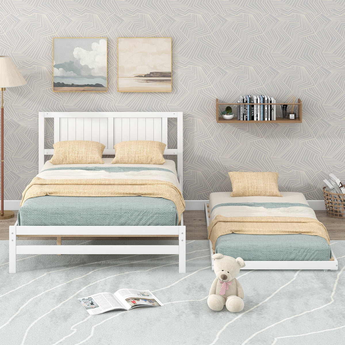 White Full Size Wood Platform Bed with Adjustable Trundle and Headboard A143