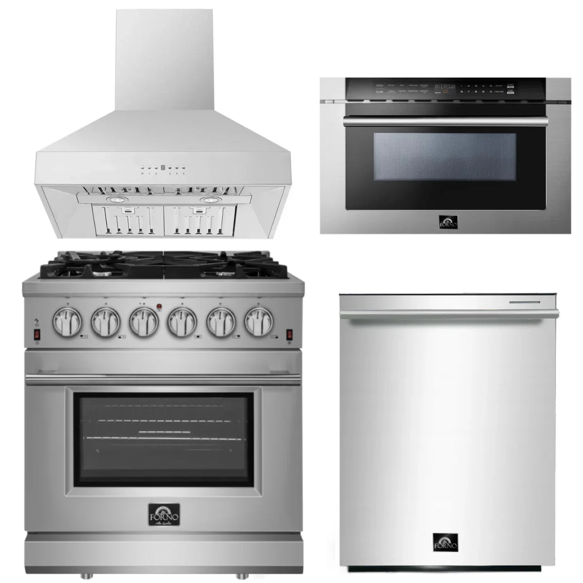 30 Inch Gas Range, Wall Mount Range Hood, Microwave Drawer, Dishwasher Y7092