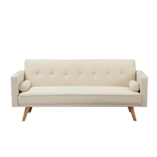 71" Convertible Futon Sofa Bed with 2 Throw Pillows, Beige Q4106