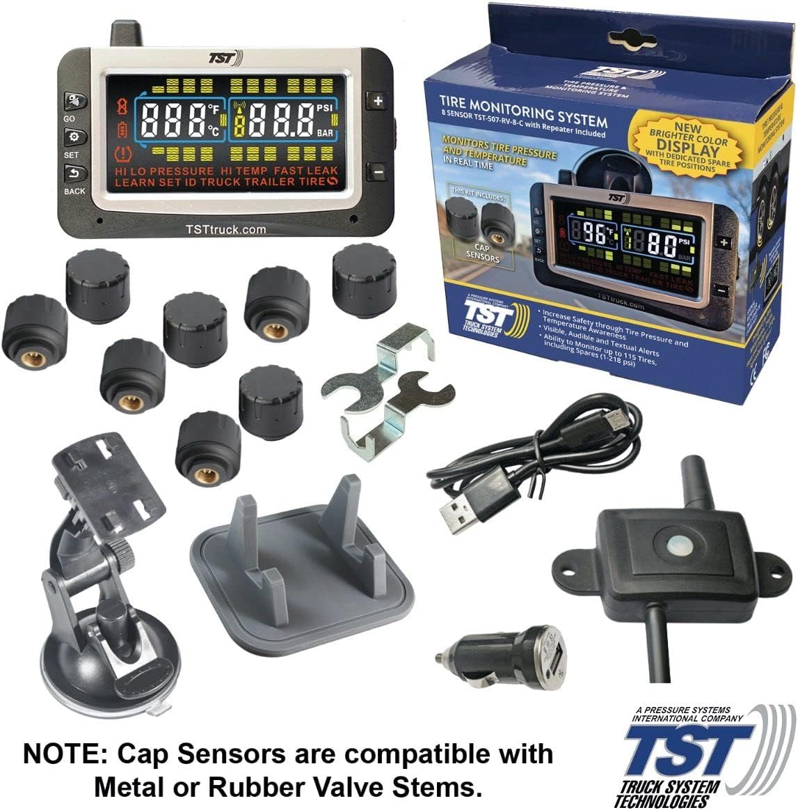 8 RV Cap Sensor TPMS with Color Display and Repeater I89043
