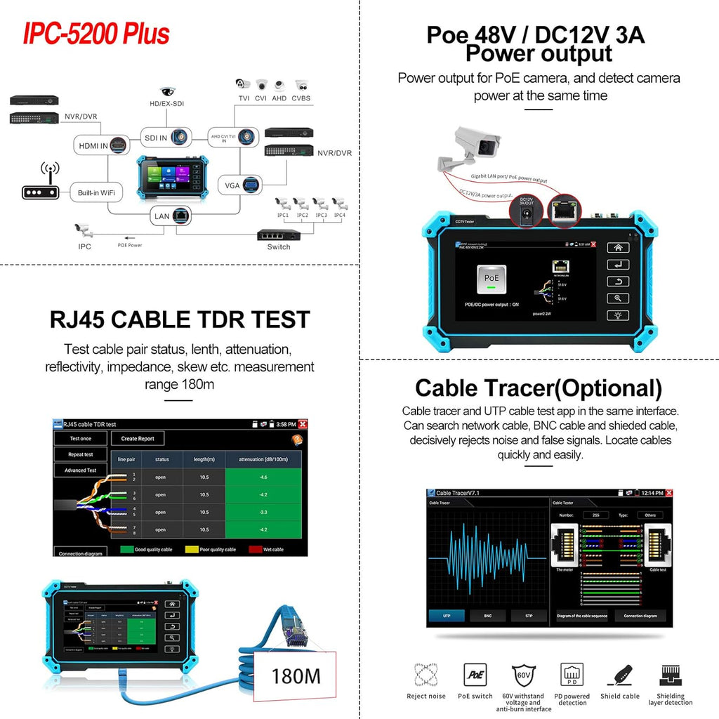 IPC Camera Tester 8MP AHD CVI TVI SDI CVBS IP Camera Test 4K HD Display 5inch IPS Touch Screen Support POE PTZ WiFi RS485 HDMI & VGA Input DC12V Output S5201