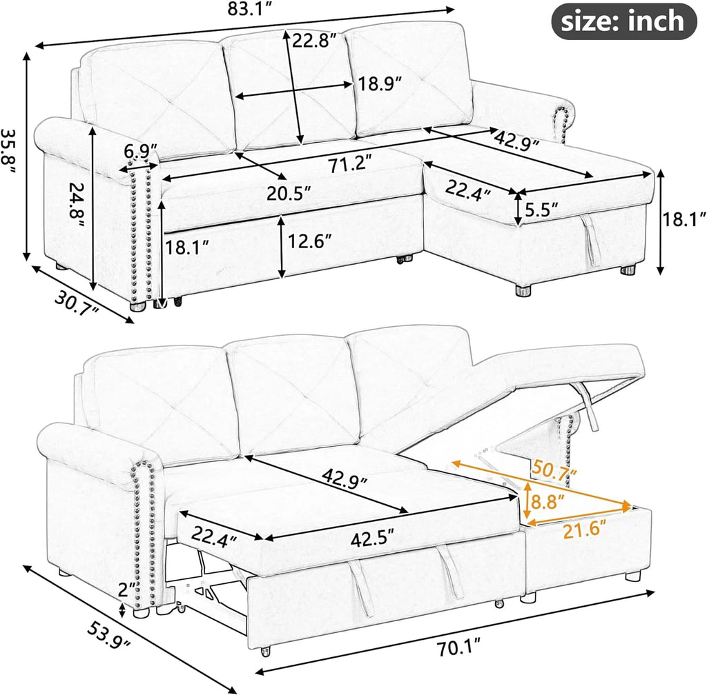Beige L-Shape Convertible Sleeper Sofa Bed with Storage Chaise S293759
