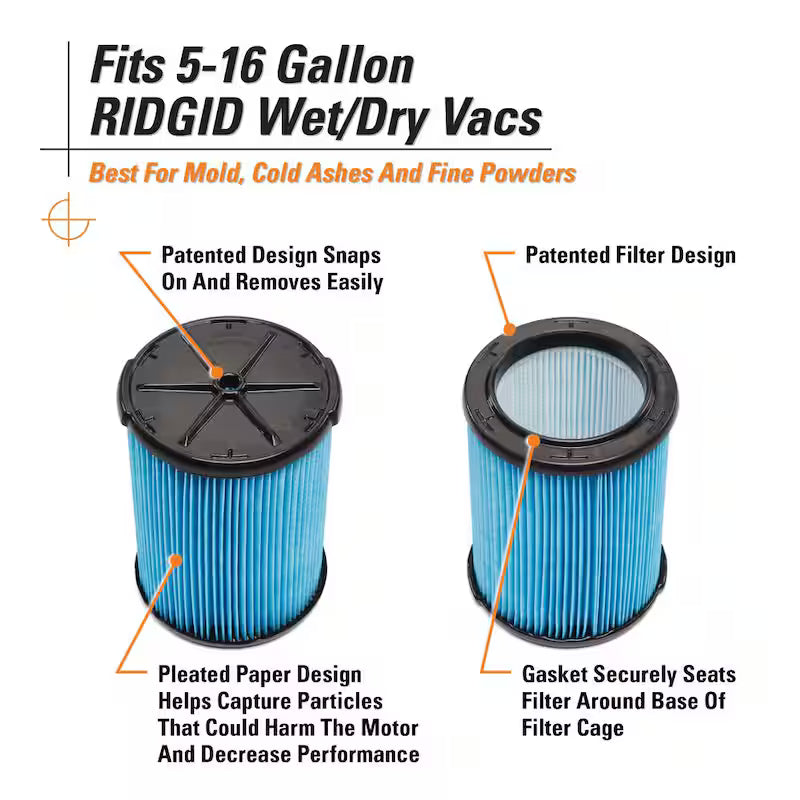 Pleated Paper Wet/Dry Vac Replacement Cartridge Filter 8-Pack R68368