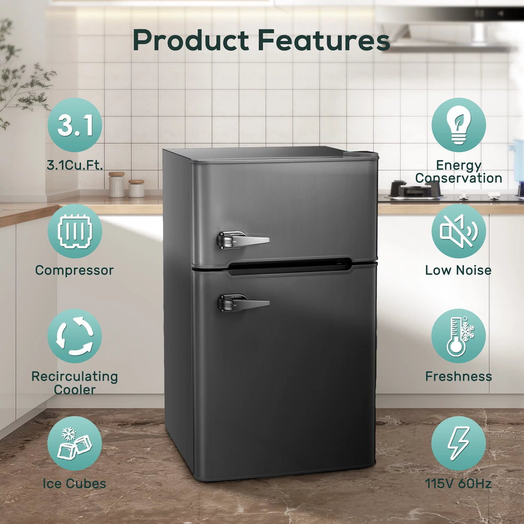 Mini Refrigerator 3.2Cu.Ft Compact Fridge 2-Double Doors with a Freezer E1552