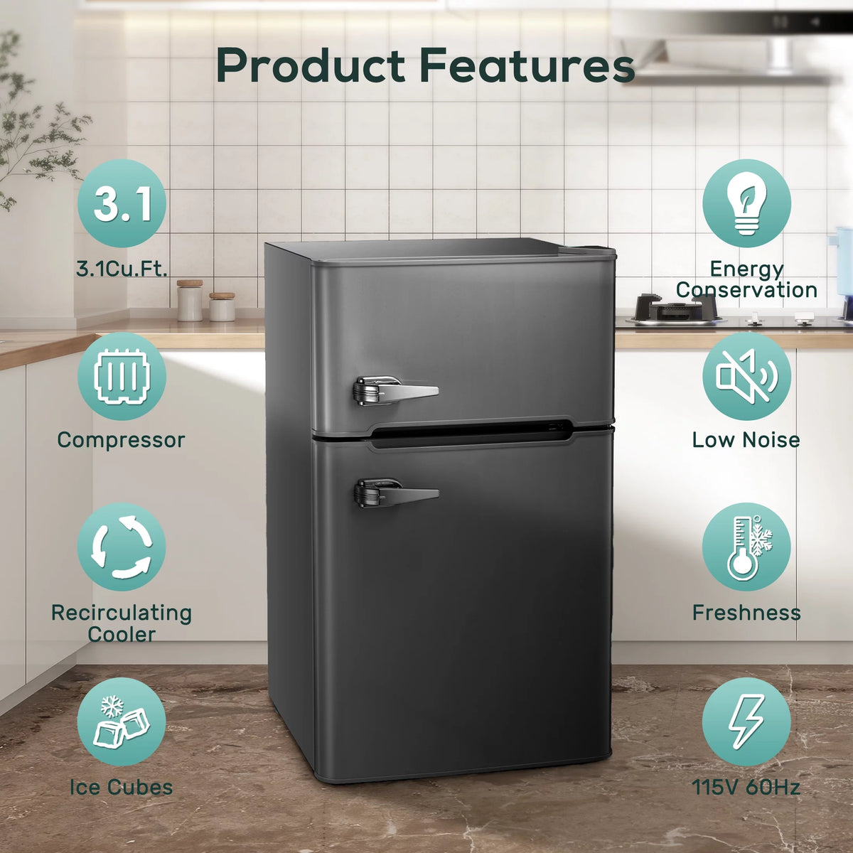 Mini Refrigerator 3.2Cu.Ft Compact Fridge 2-Double Doors with a Freezer E1552