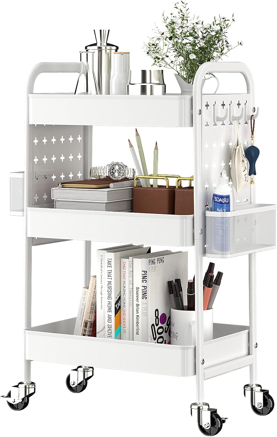 3-Tier Rolling Utility Storage Cart with Removable Baskets Hooks M581172
