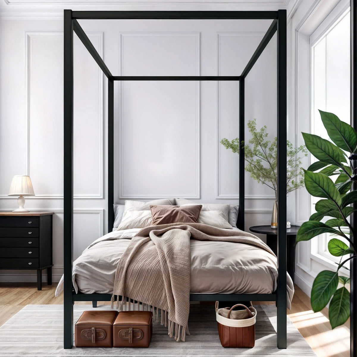 Queen Size Black Metal Canopy Bed Frame W352