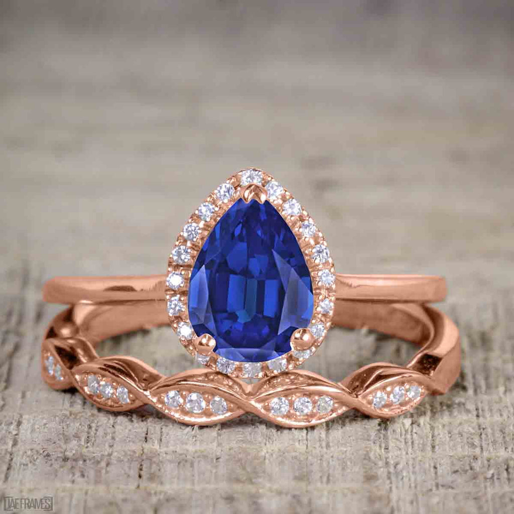 Pear Cut Lab Created Blue Sapphire Trio Wedding Ring Set V80377