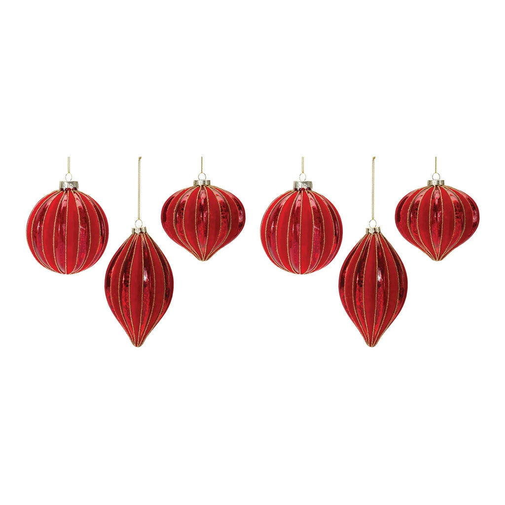 Set of 6 Red Ribbed Mercury Glass Christmas Ornaments Z4522