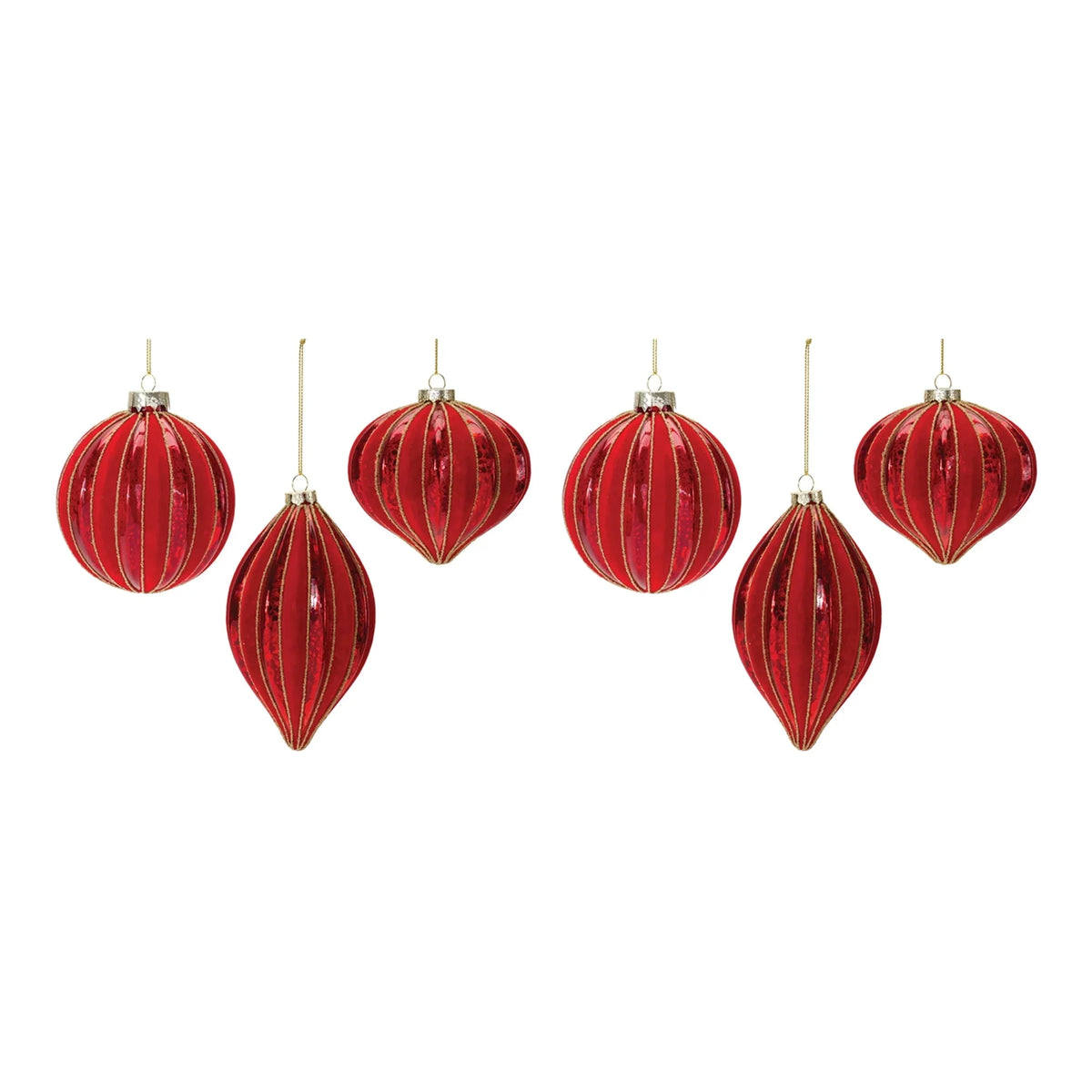 Set of 6 Red Ribbed Mercury Glass Christmas Ornaments Z4522