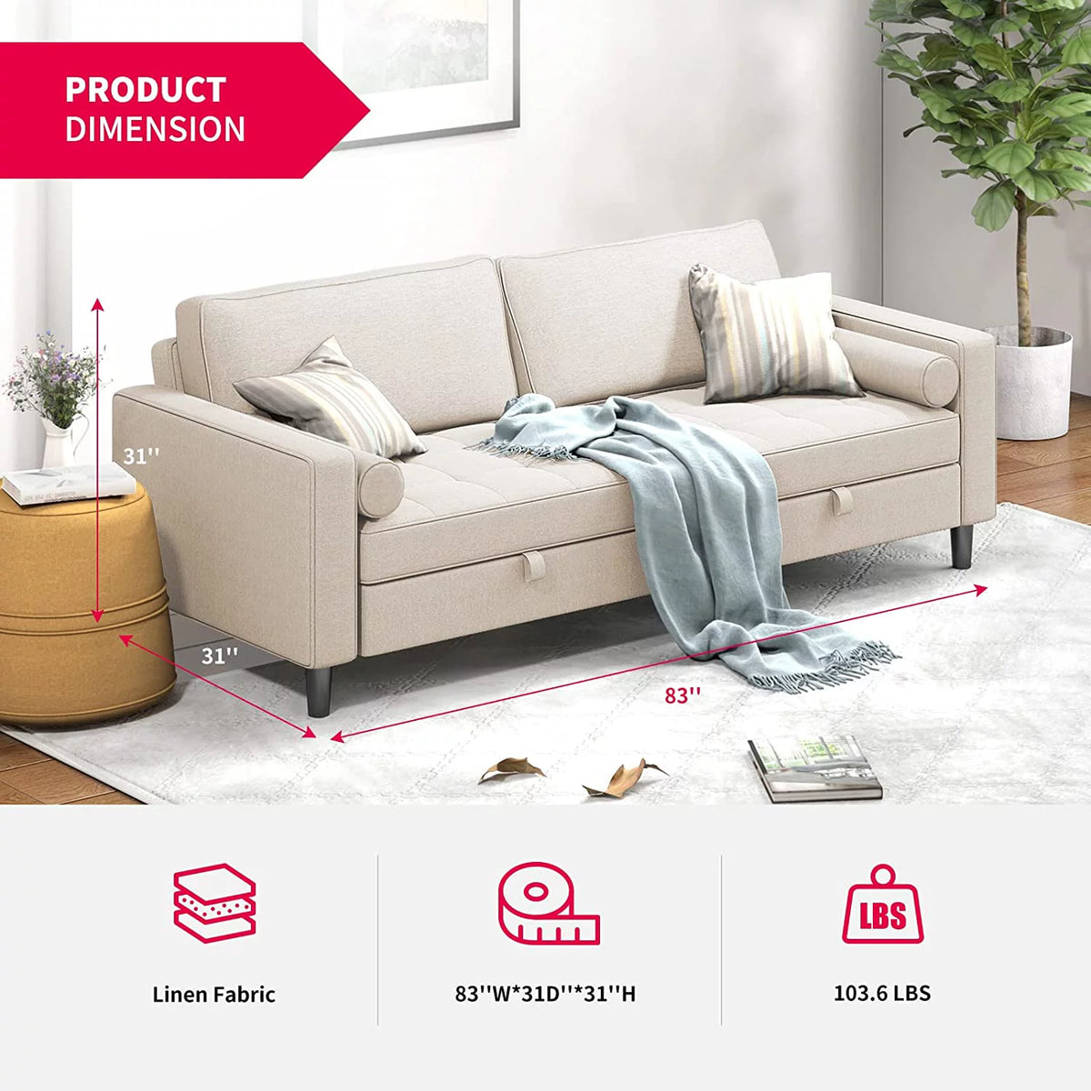 83" Convertible Sleeper Sofa Bed Linen Fabric Beige B2974