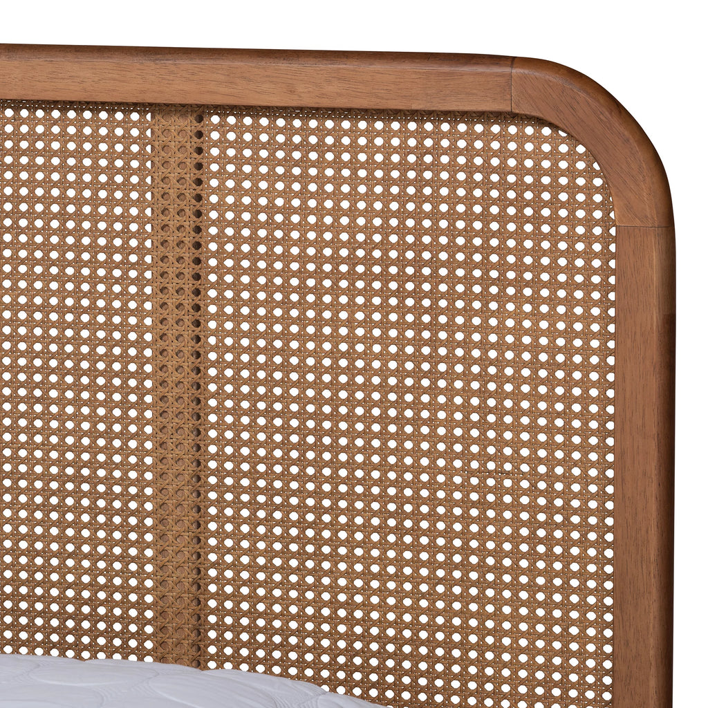 Walnut Brown Wood and Synthetic Rattan Queen Size Platform Bed D877