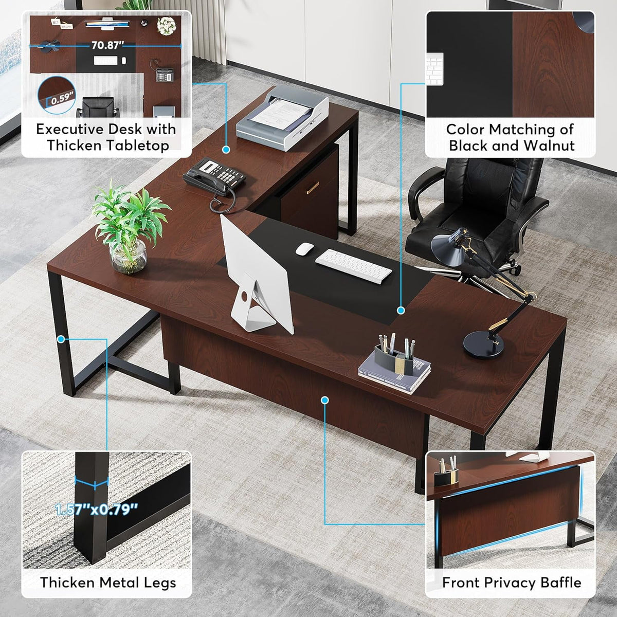 70.8” L-Shaped Executive Desk with File Cabinet C798