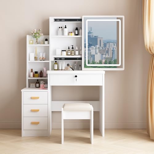 White Vanity Desk with Mirror and Lights, 3 Lighting Modes, Drawers, Open Storage Shelves N395271