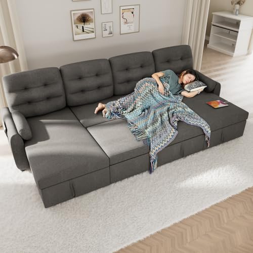Dark Grey Linen Sectional Sleeper Sofa with Storage Chaise V348111