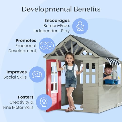 Wooden Cedar Playhouse with Play Sink and Picnic Table V553348