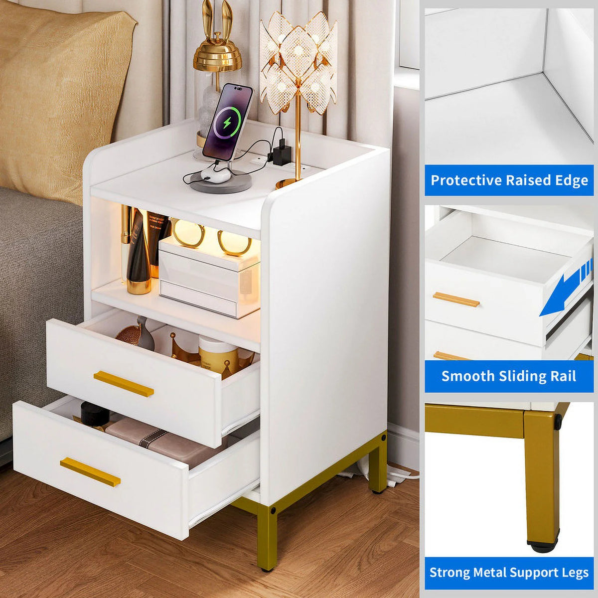 White Wooden Night Stand with Charging Station and Drawers G14334