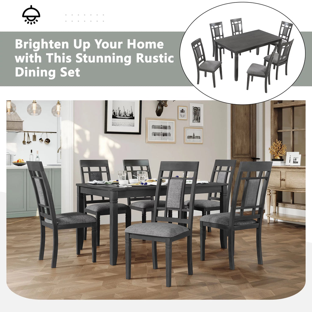 7 Pcs Dining Table and Chair Set with 6 Upholstered Chairs T61566