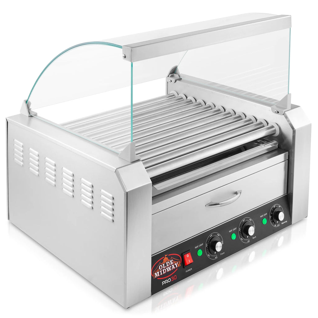 Electric Hot Dog Roller Machine with Cover, 11 Rollers, Bun Warming Drawer C829