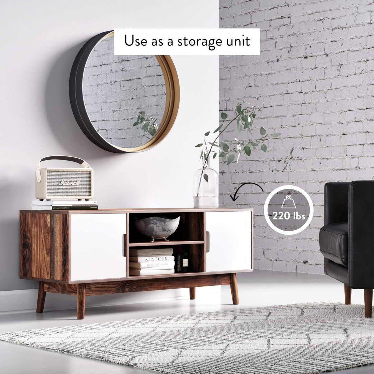 Brown Scandinavian TV Stand with White Cabinet Doors Y546