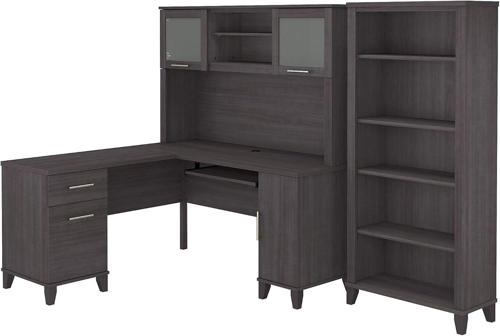 L Shaped Desk with Hutch and 5 Shelf Bookcase, 60W, Hansen Cherry Z48168