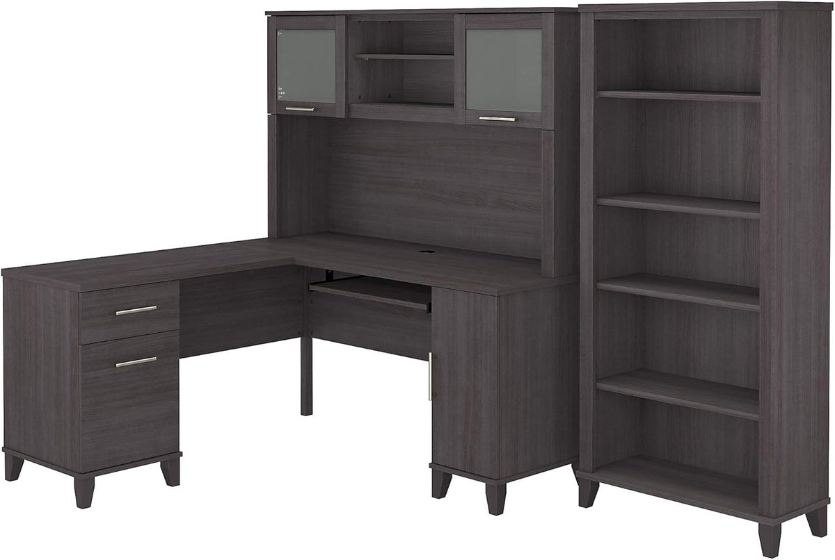 L Shaped Desk with Hutch and 5 Shelf Bookcase, 60W, Hansen Cherry Z48168