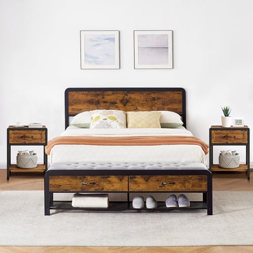 Queen Size Bed Frame with Headboard and Storage Drawers Bench, Nightstand with Storage Drawer F156