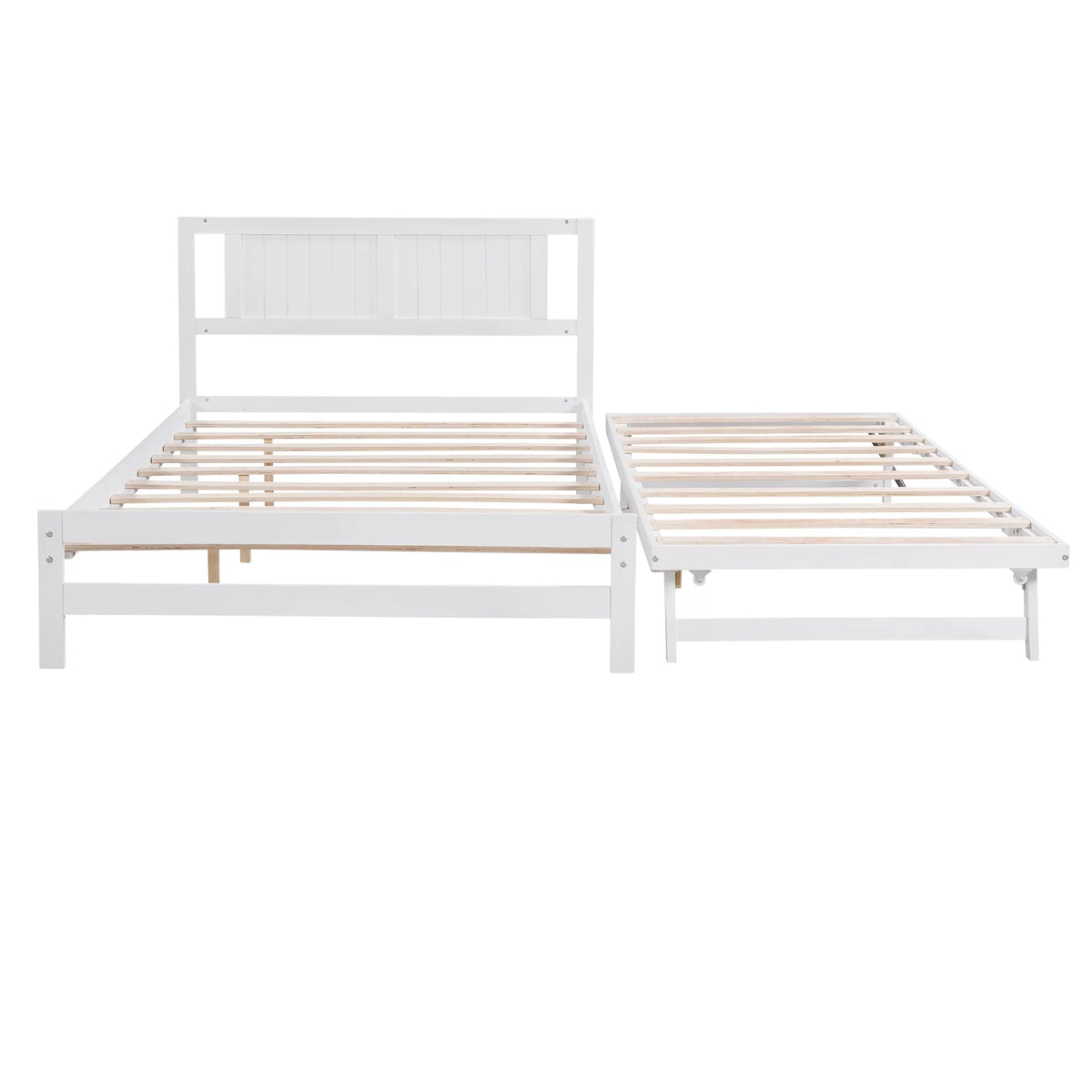 White Full Size Wood Platform Bed with Adjustable Trundle and Headboard A143