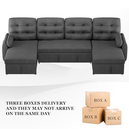 Dark Grey Linen Sectional Sleeper Sofa with Storage Chaise V348111