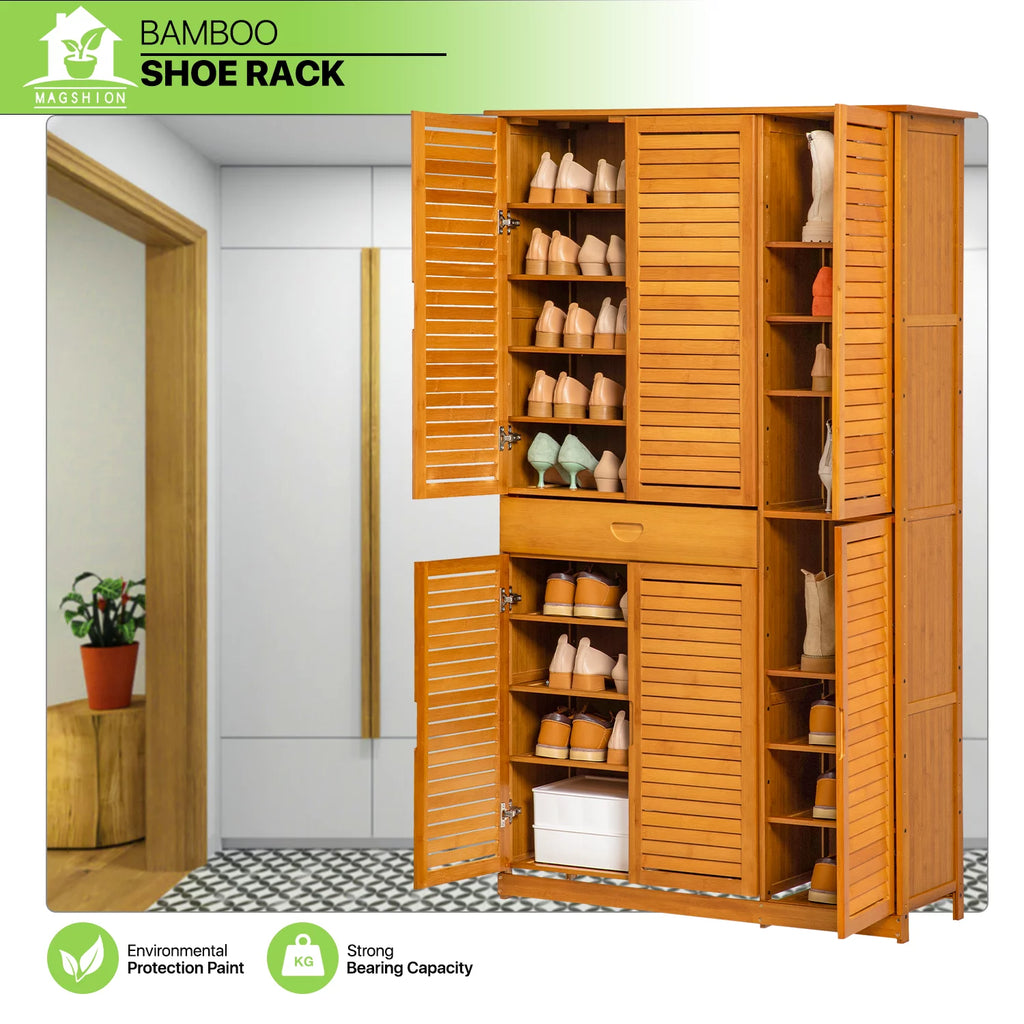 Bamboo 10 Tiers 1 Drawer Shoes Cabinet with Shutter Doors B1182