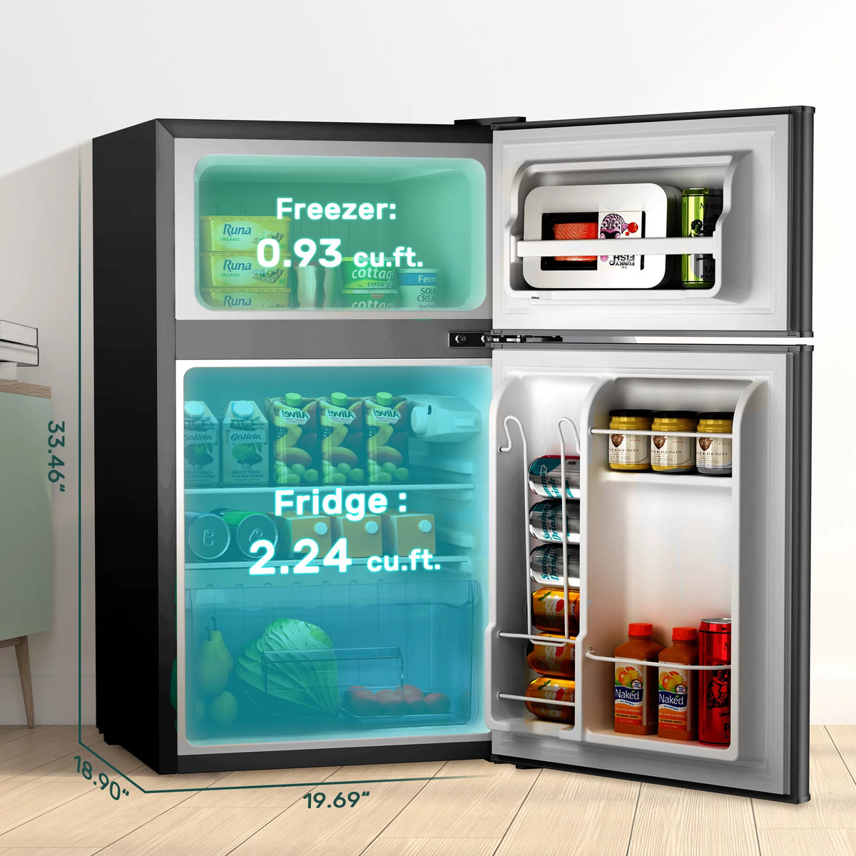 Mini Refrigerator 3.2Cu.Ft Compact Fridge 2-Double Doors with a Freezer E1552