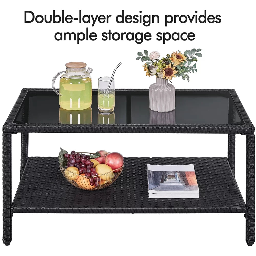Wicker Rectangular Coffee Table with Tempered Glass Top S82529