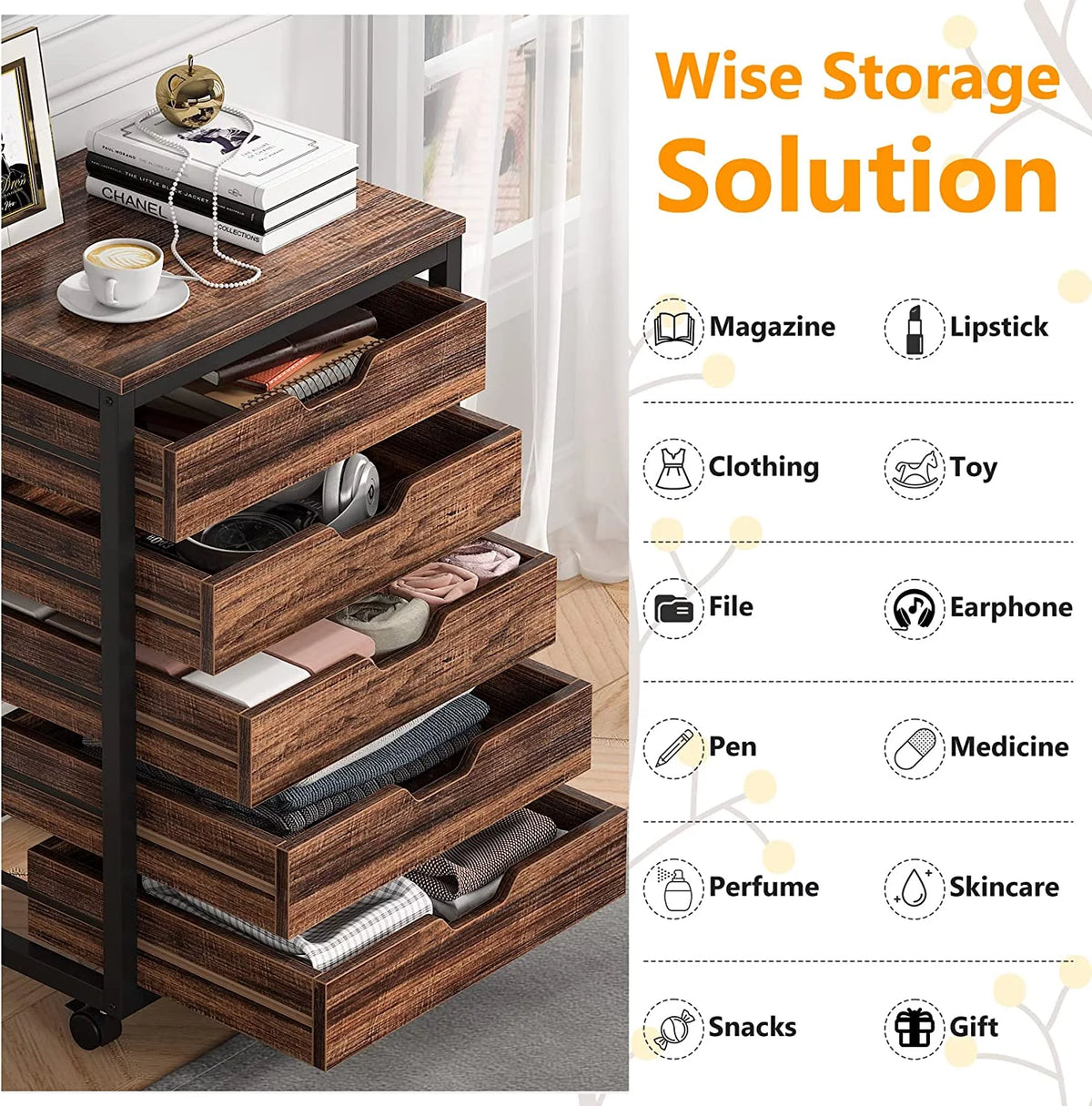 5 Drawer Wood Storage Dresser Cabinet with Wheels M94418