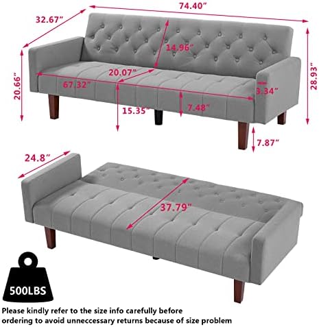 Blue Tufted Linen Futon Sofa Bed Twin Size with Solid Wood Legs S6322