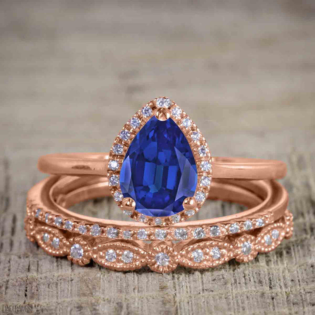 Pear Cut Lab Created Blue Sapphire Trio Wedding Ring Set V80377