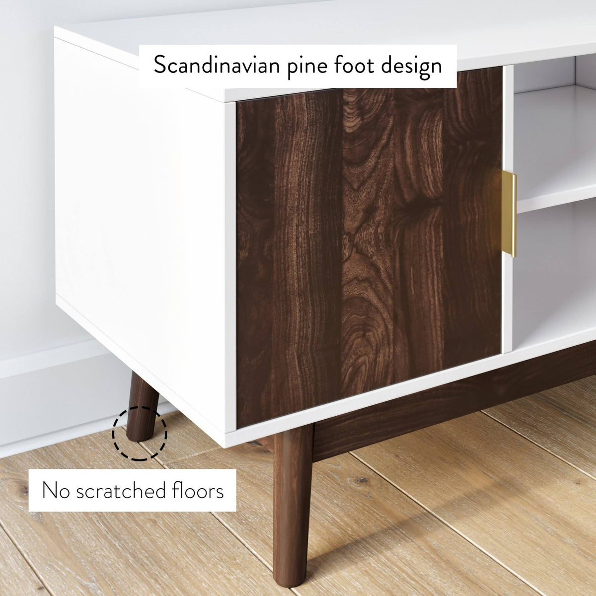 Brown Scandinavian TV Stand with White Cabinet Doors Y546