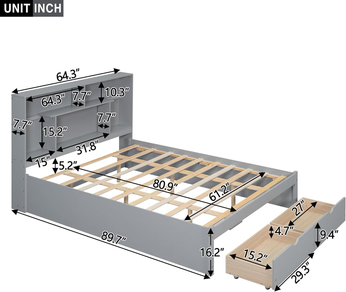 Gray Queen Size Wooden Platform Bedframe with Bookcase Headboard and 2 Storage Drawers T261074