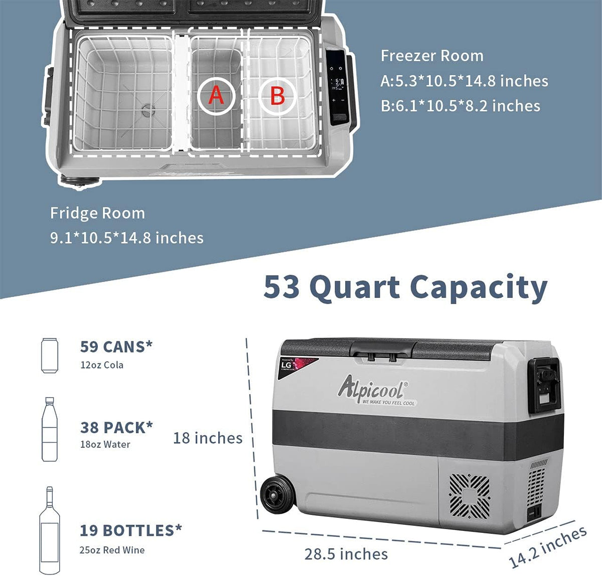53 Quart Dual Temperature Control Portable Car Fridge Freezer W182